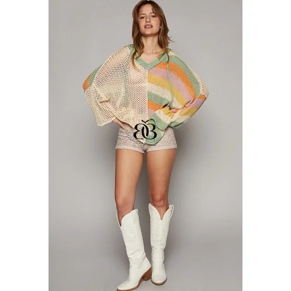 POL Half & Half Solid Striped Colorful Summer Knit Hoodie Sweater - Picture 7 of 9